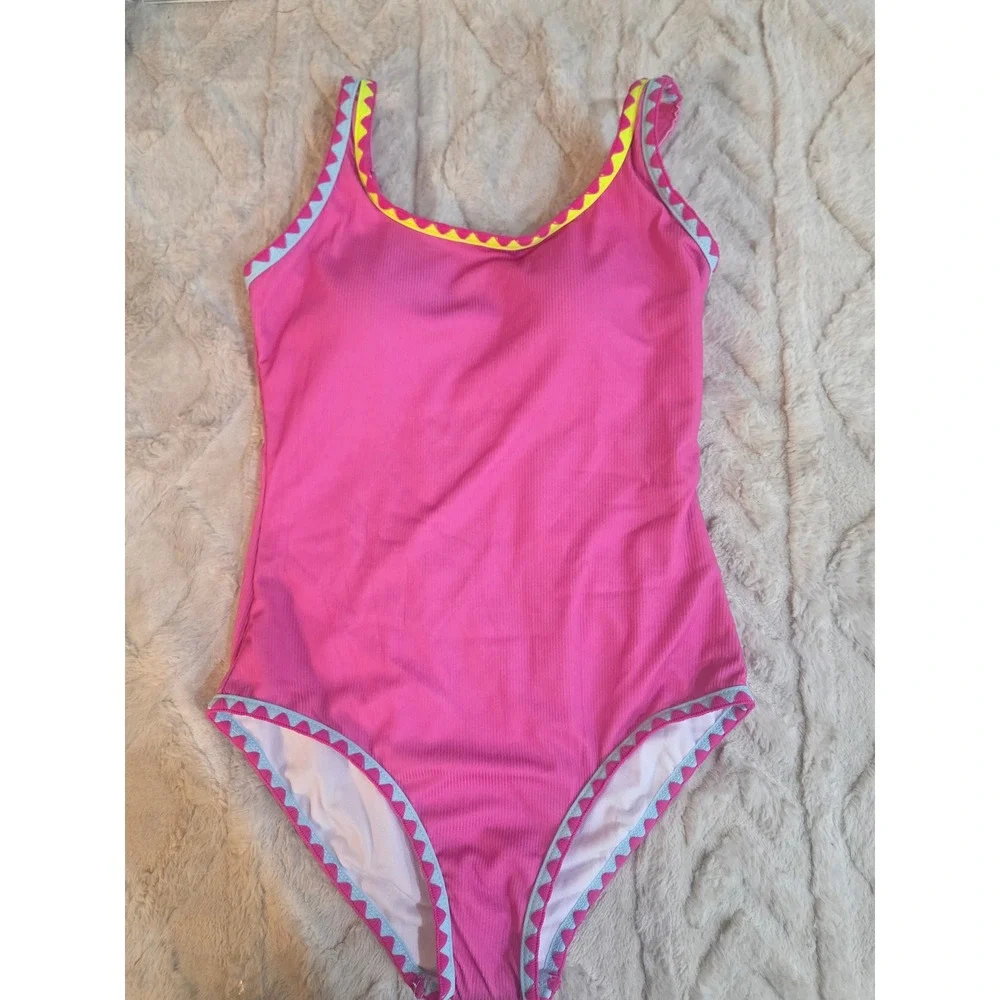 Girls Pink Ribbed One Piece Swimsuit Ric Rac Trim Adjustable Straps Size 11-12Y
